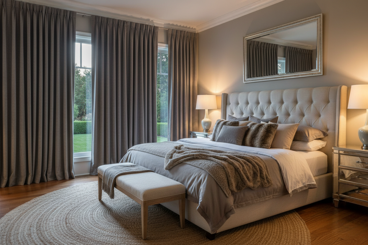 Chambre avec rideaux gris sophistiqués