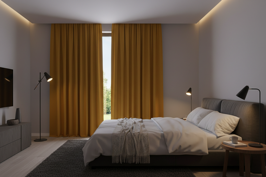 Chambre avec rideaux jaune moutarde occultants efficaces
