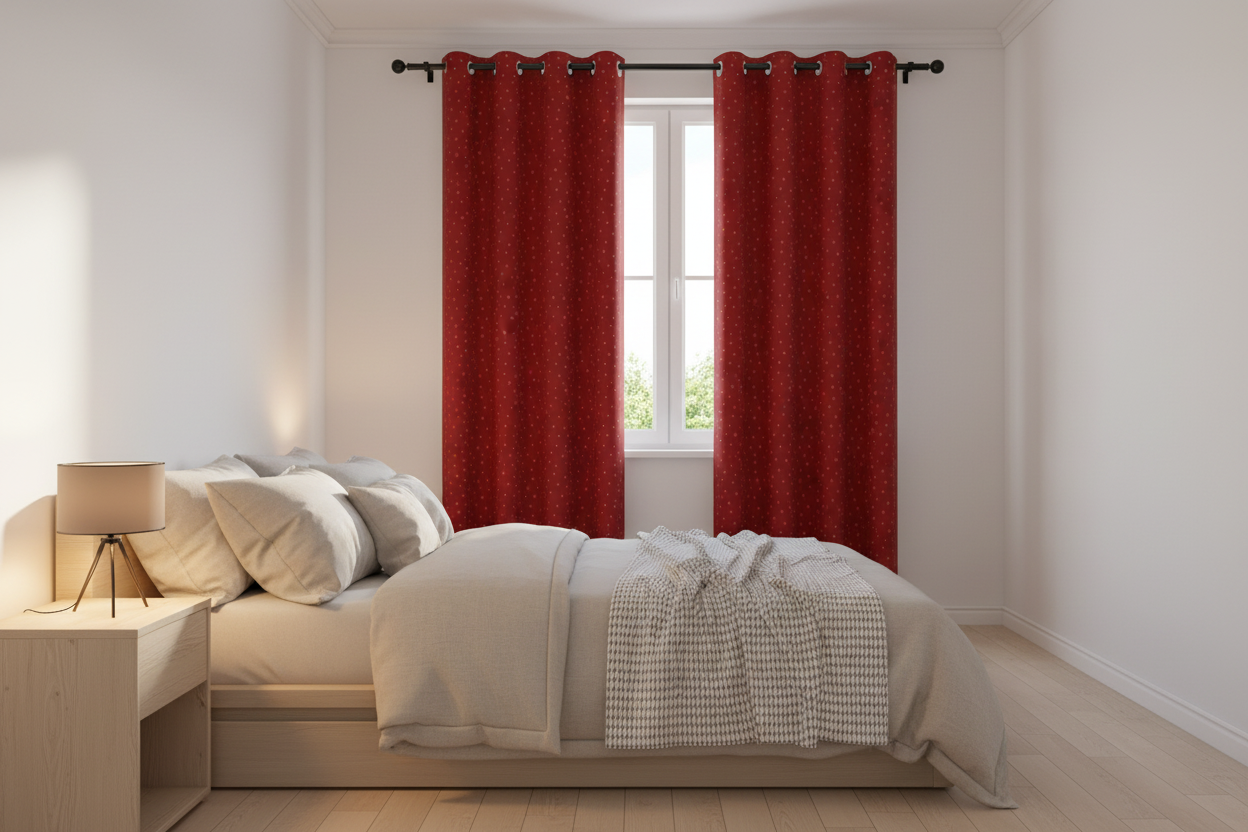 Chambre moderne avec rideau rouge à points dorés