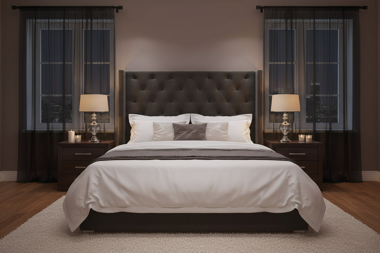 Chambre principale avec rideau noir voilage