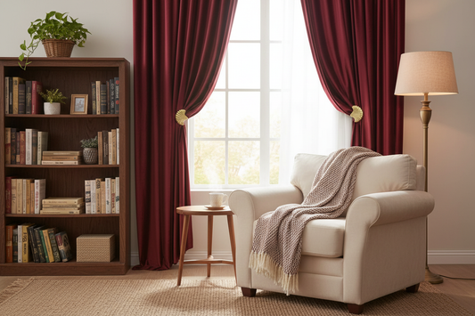 Coin lecture avec rideau bordeaux velours