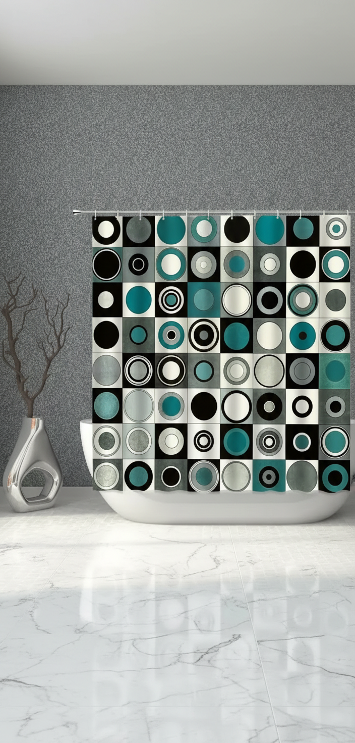 Rideau douche cercles turquoise - Baignoire élégante 1