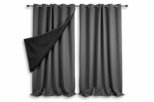 Rideaux gris foncé sur fond blanc avec doublure noire