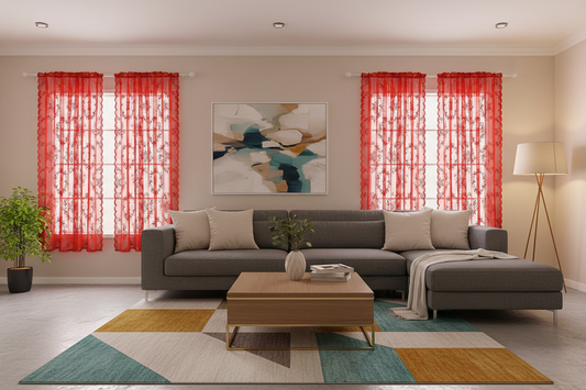 Salon contemporain avec rideau rouge voilage