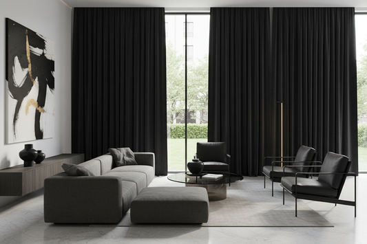 Salon contemporain avec rideaux noir