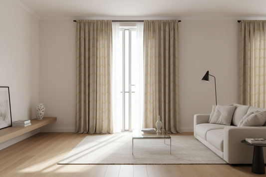 Salon minimaliste rideaux beige