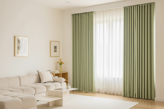 Salon moderne avec rideaux BELMOND vert romarin et anneaux