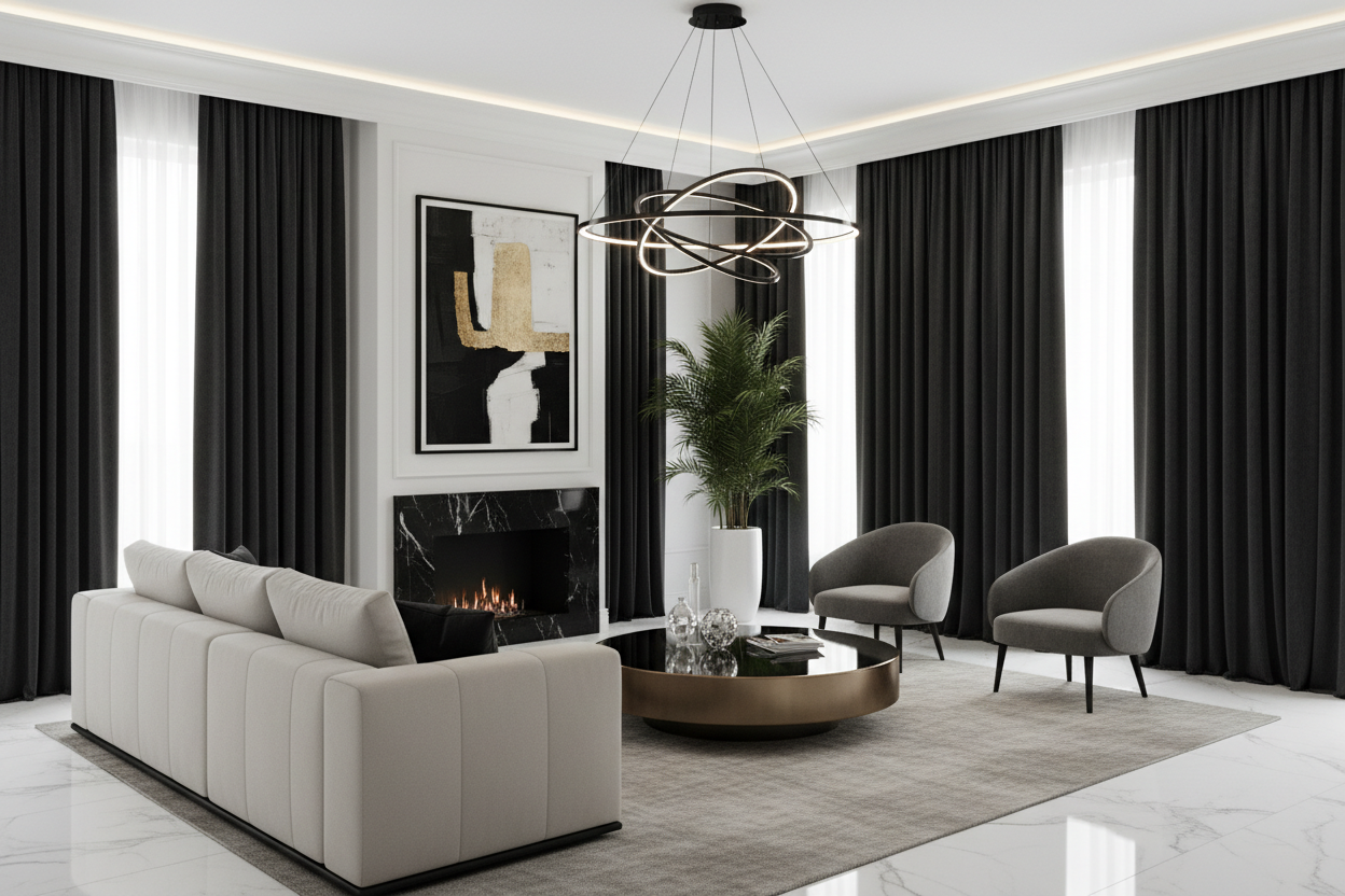 Salon moderne avec rideaux noirs