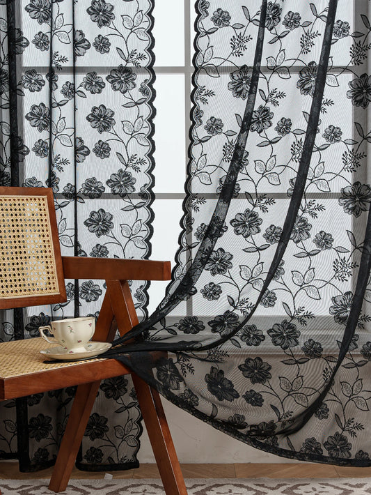 Rideau noir avec roses brodées|ECRION