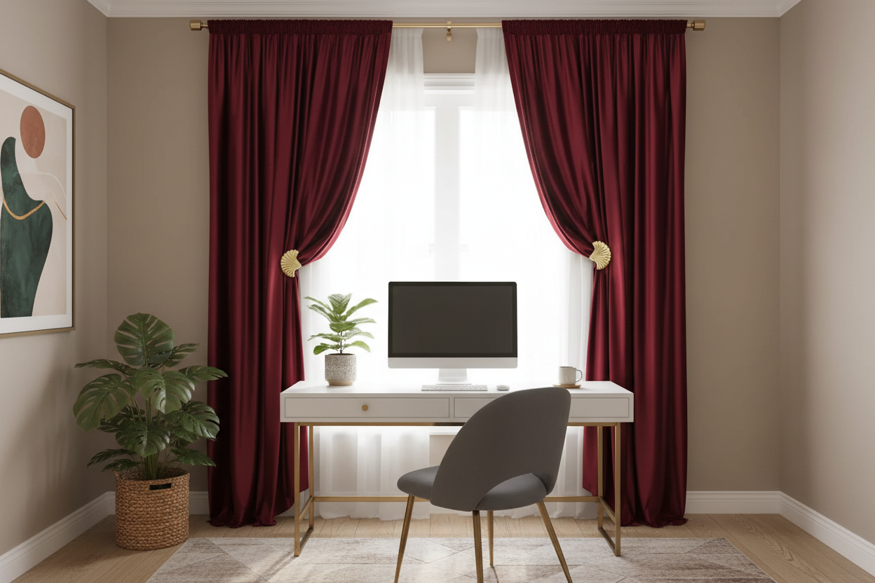 Bureau avec rideau bordeaux velours