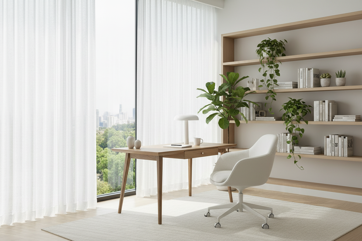 Bureau avec rideau Homyra ultra-transparent