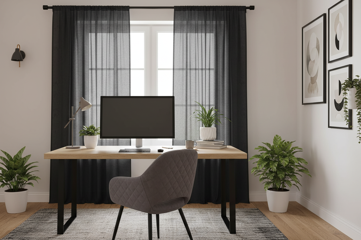 Bureau avec rideau noir voilage