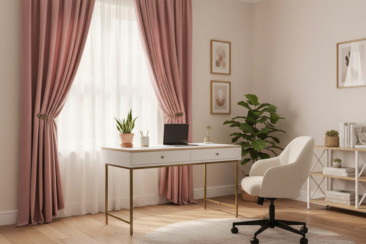 Bureau avec rideau rose velours