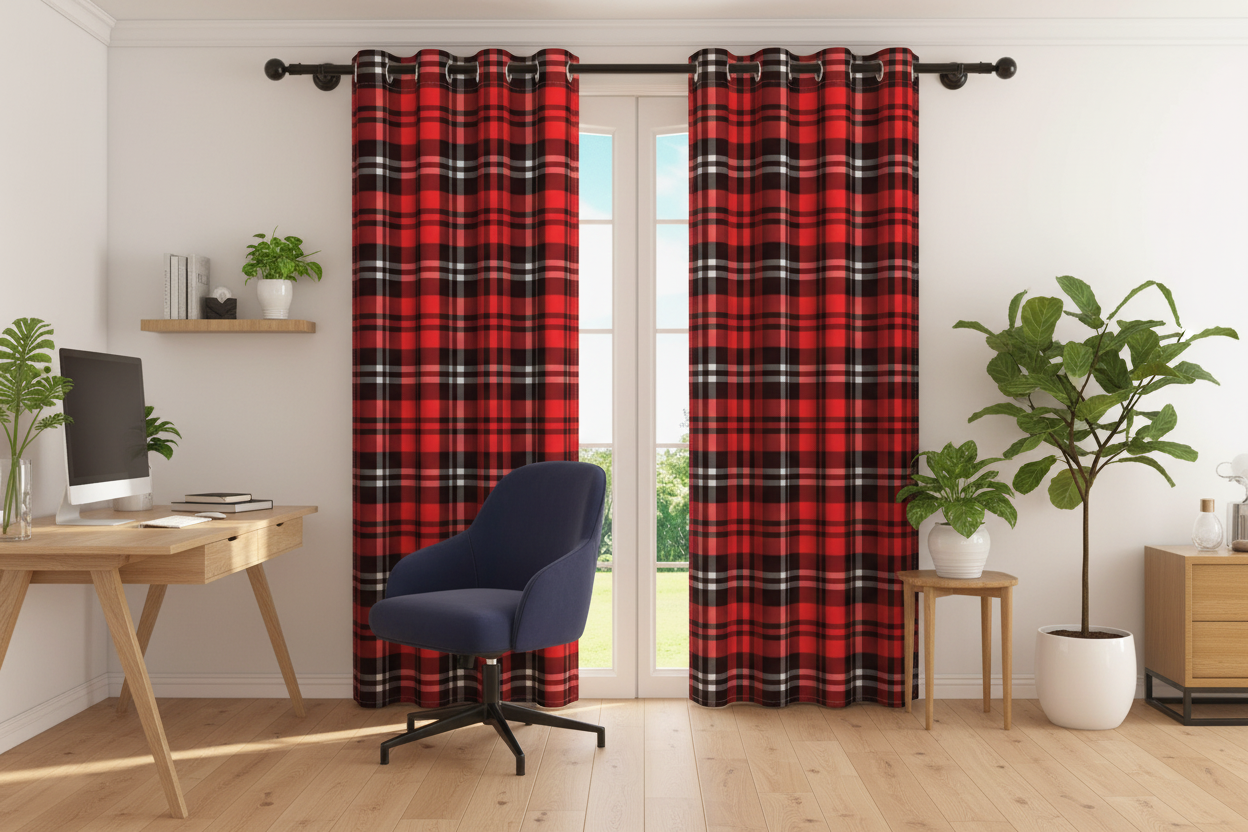 Bureau avec rideau rouge à carreaux jaunes