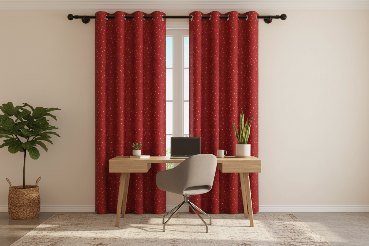 Bureau avec rideau rouge à points dorés