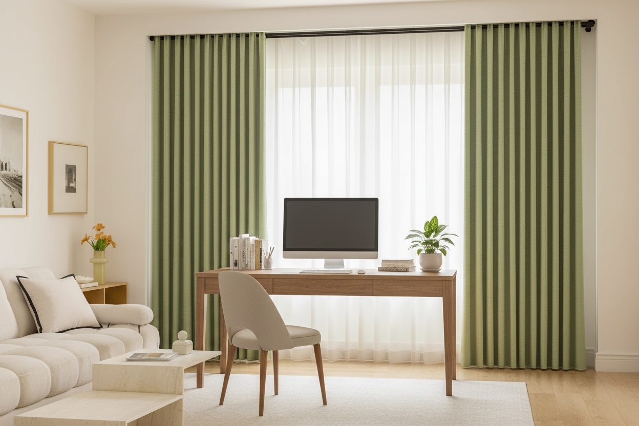 Bureau à domicile avec rideaux BELMOND vert romarin et anneaux