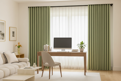 Bureau à domicile avec rideaux BELMOND vert romarin et anneaux