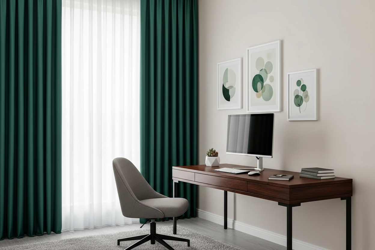 Bureau à domicile avec rideaux EMERESCO et anneaux