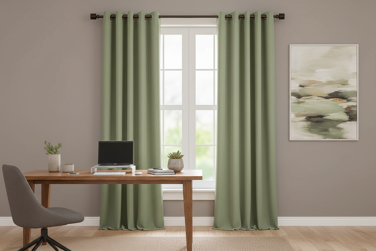 Bureau à domicile avec rideaux SYLVESTRA vert olive et anneaux