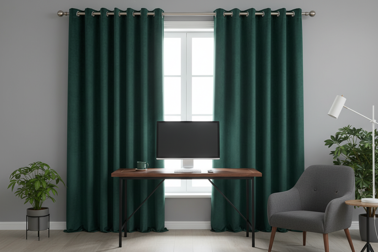 Bureau à domicile avec rideaux velours VIRIDIAN vert foncé et anneaux