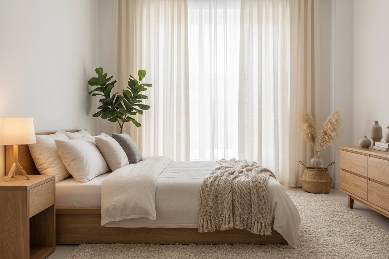 Chambre avec rideau beige HARMONIE