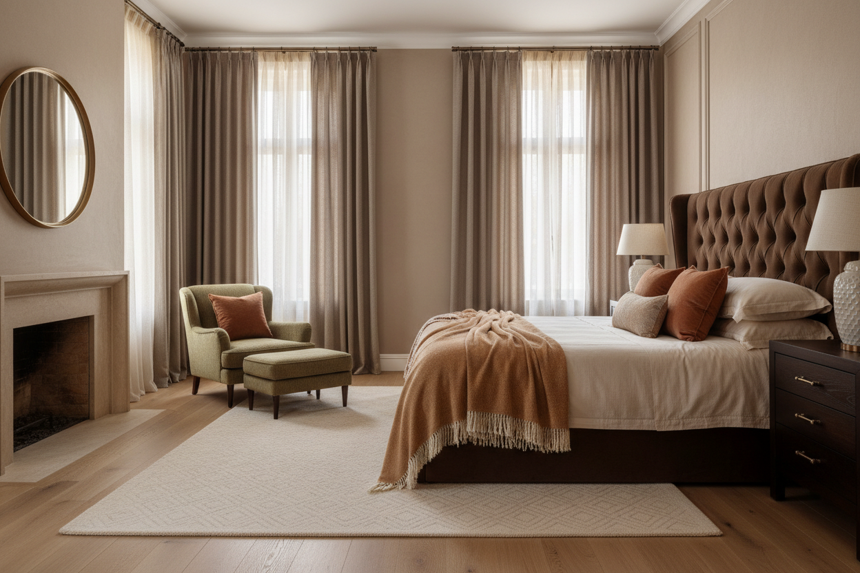 Chambre avec rideaux beige taupe