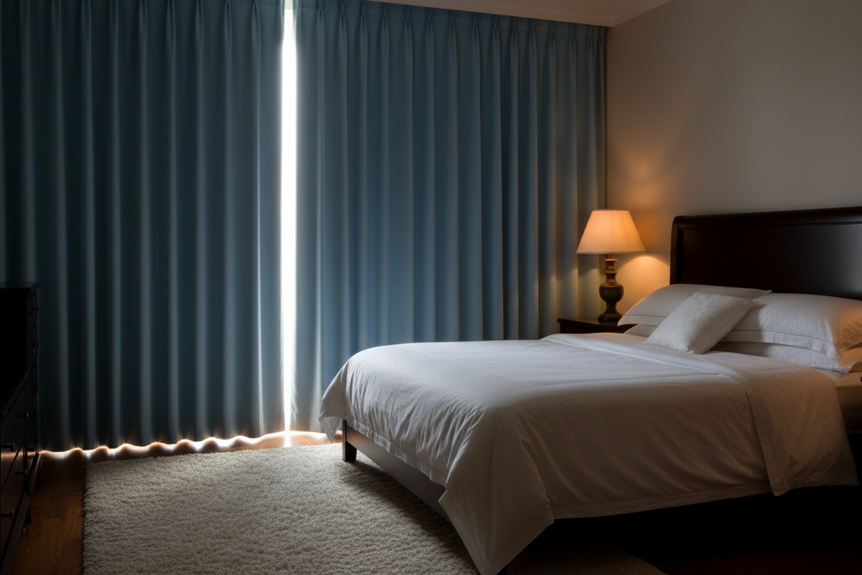 Chambre avec rideaux bleu clair créant obscurité