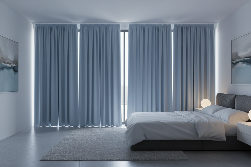 Chambre avec rideaux bleu clair occultants efficaces