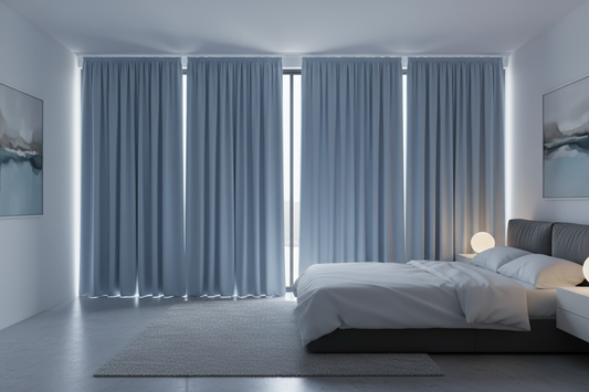 Chambre avec rideaux bleu clair occultants efficaces