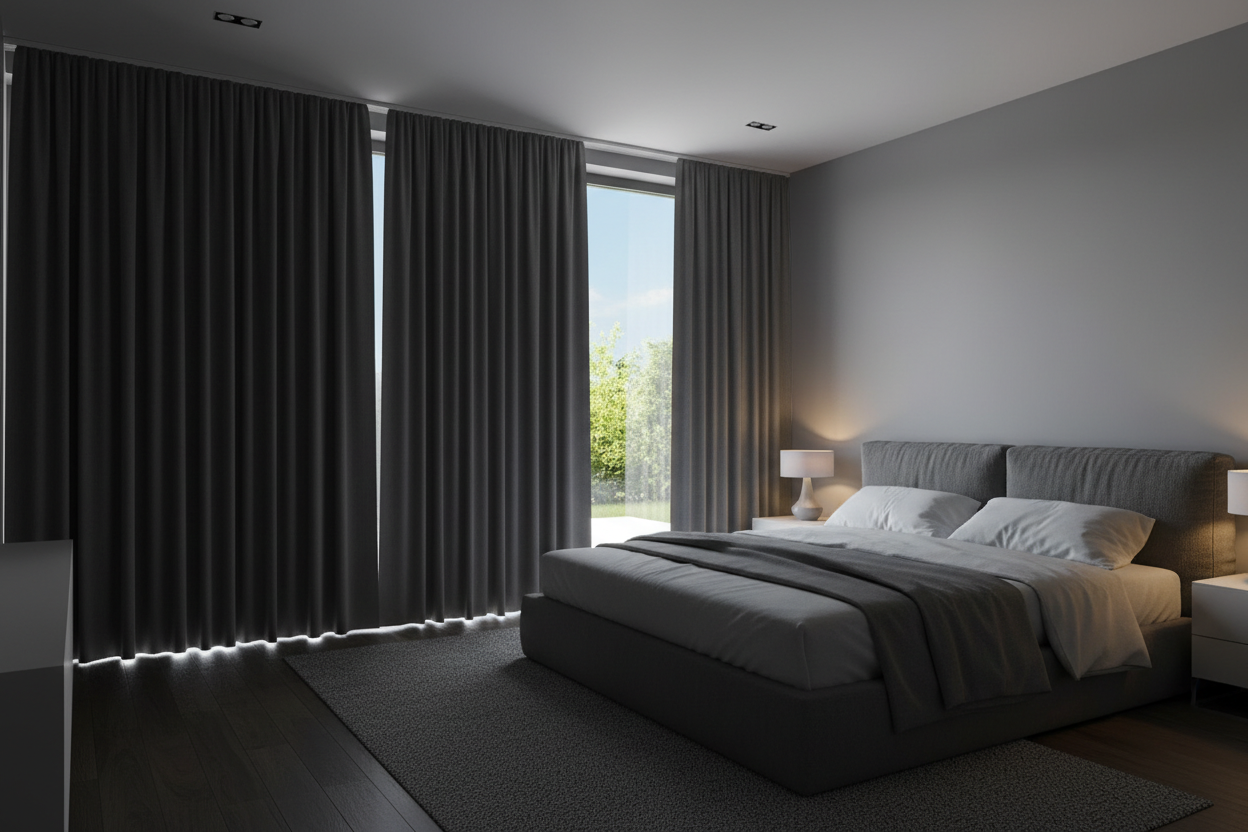 Chambre avec rideaux gris foncé occultants efficaces