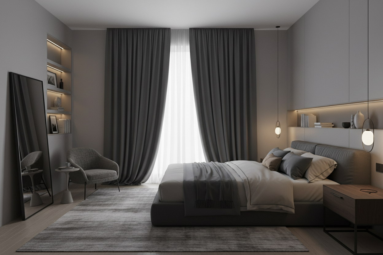 Chambre avec rideaux gris foncé