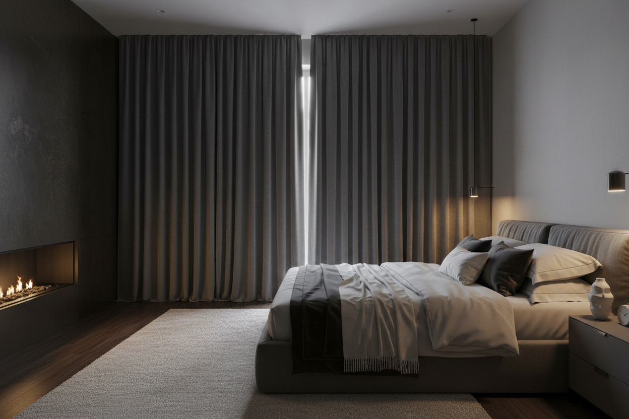 Chambre avec rideaux occultants thermiques gris