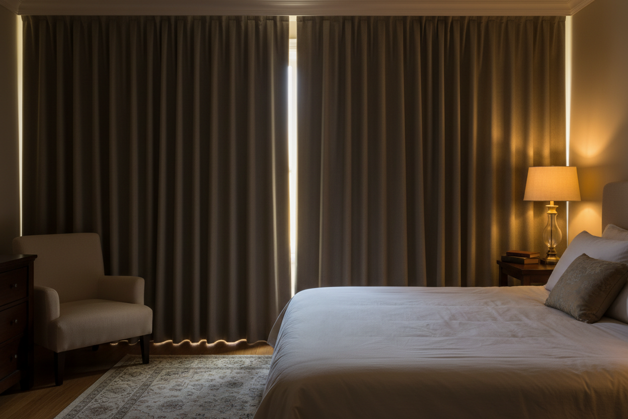 Chambre avec rideaux taupe créant obscurité