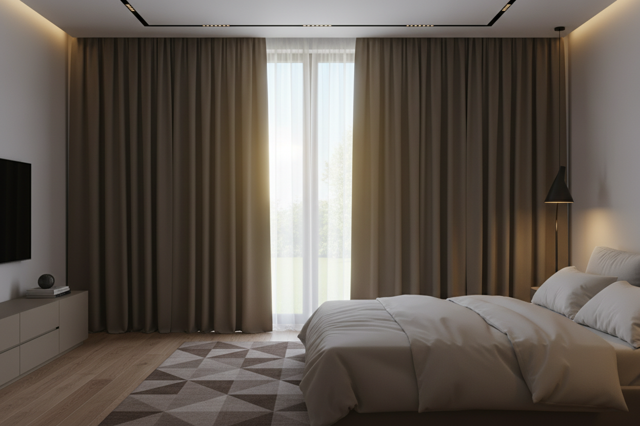 Chambre avec rideaux taupe occultants efficaces