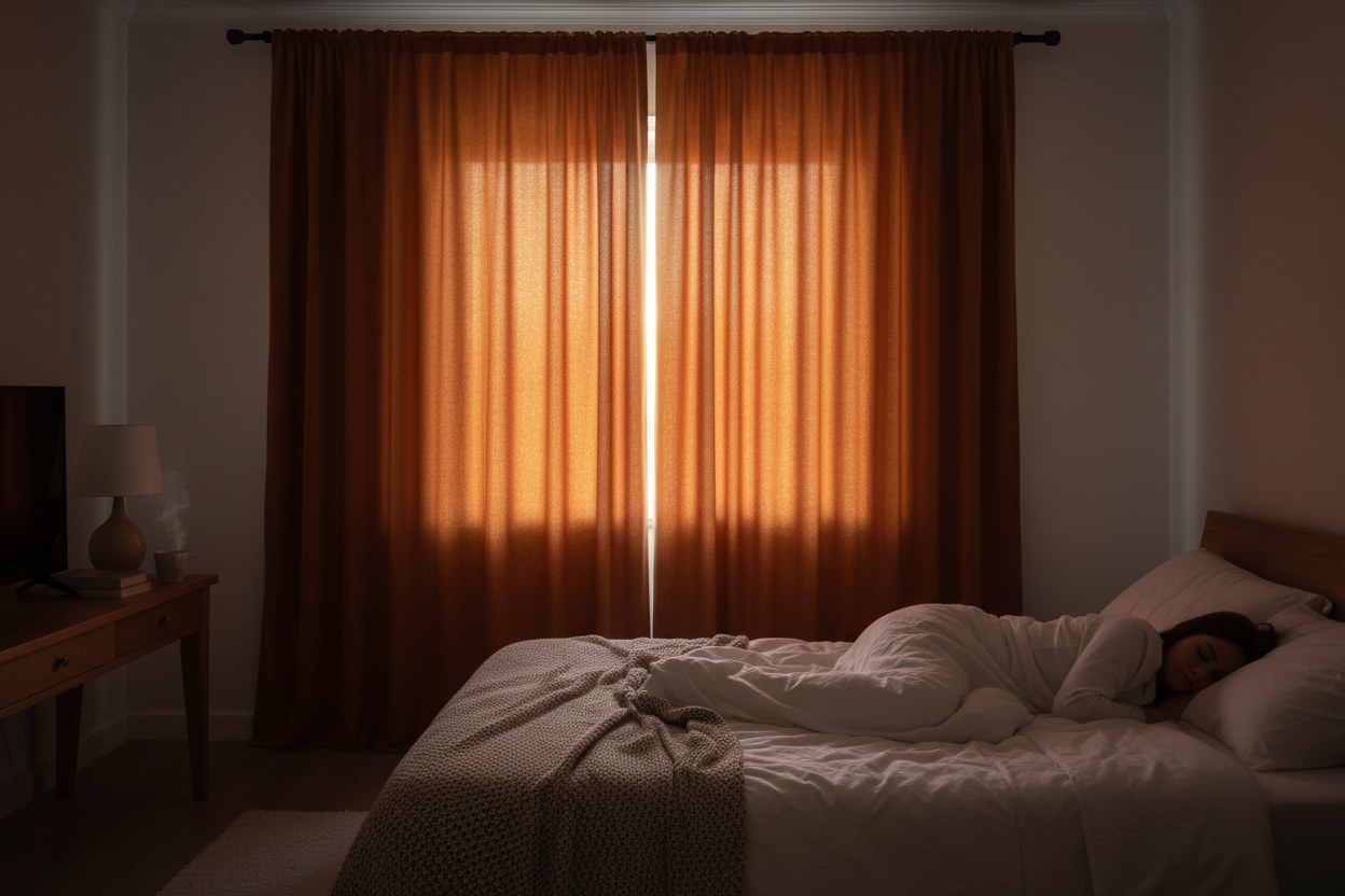 Chambre avec rideaux terracotta bloquant lumière