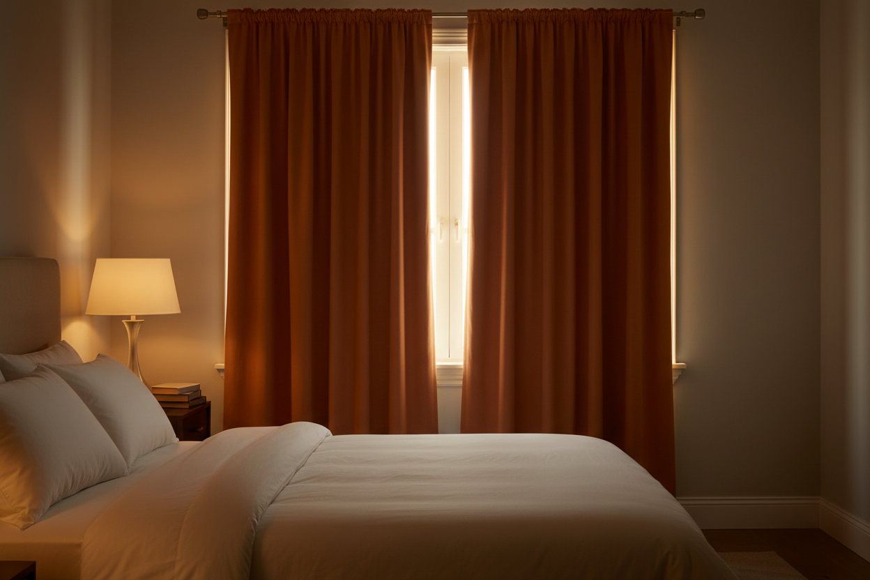 Chambre avec rideaux terracotta créant obscurité