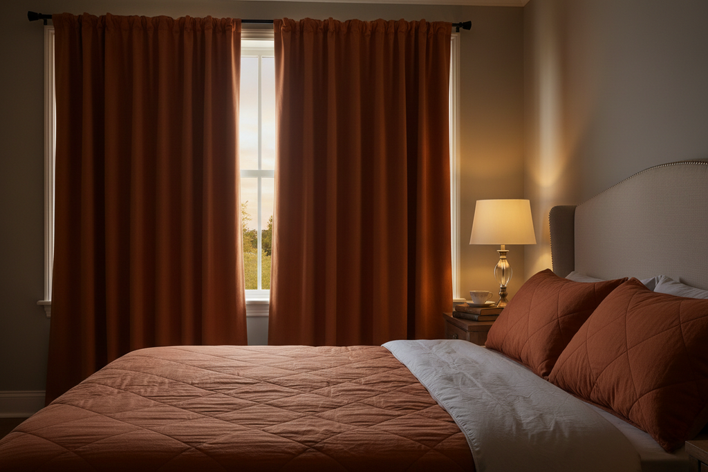 Chambre avec rideaux terracotta créant obscurité