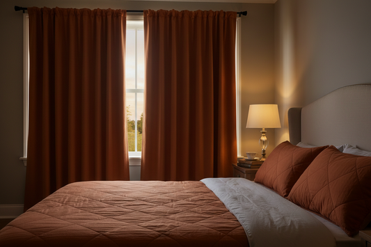 Chambre avec rideaux terracotta créant obscurité