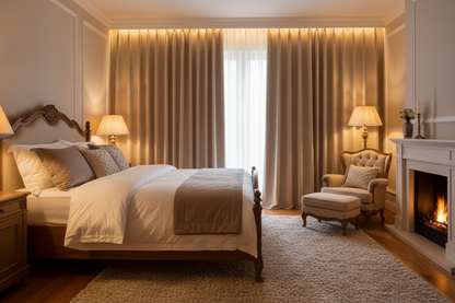 Chambre avec rideaux thermiques beige