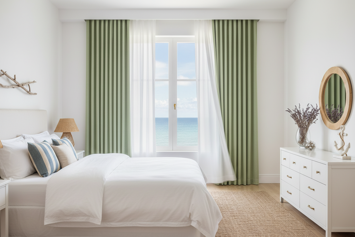 Chambre côtière avec rideaux BELMOND vert romarin et anneaux