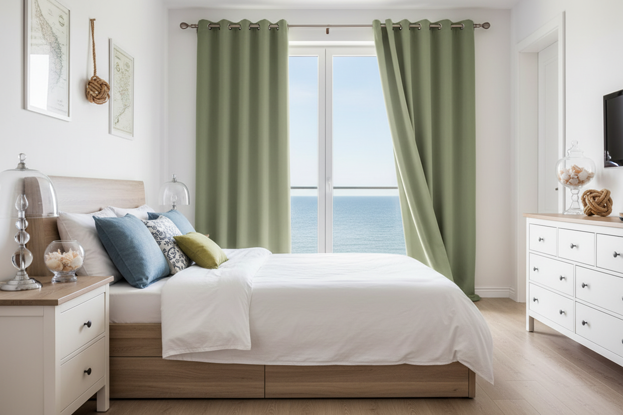 Chambre côtière avec rideaux SYLVESTRA vert olive et anneaux