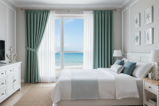 Chambre côtière élégante avec rideaux EMERESCO et anneaux