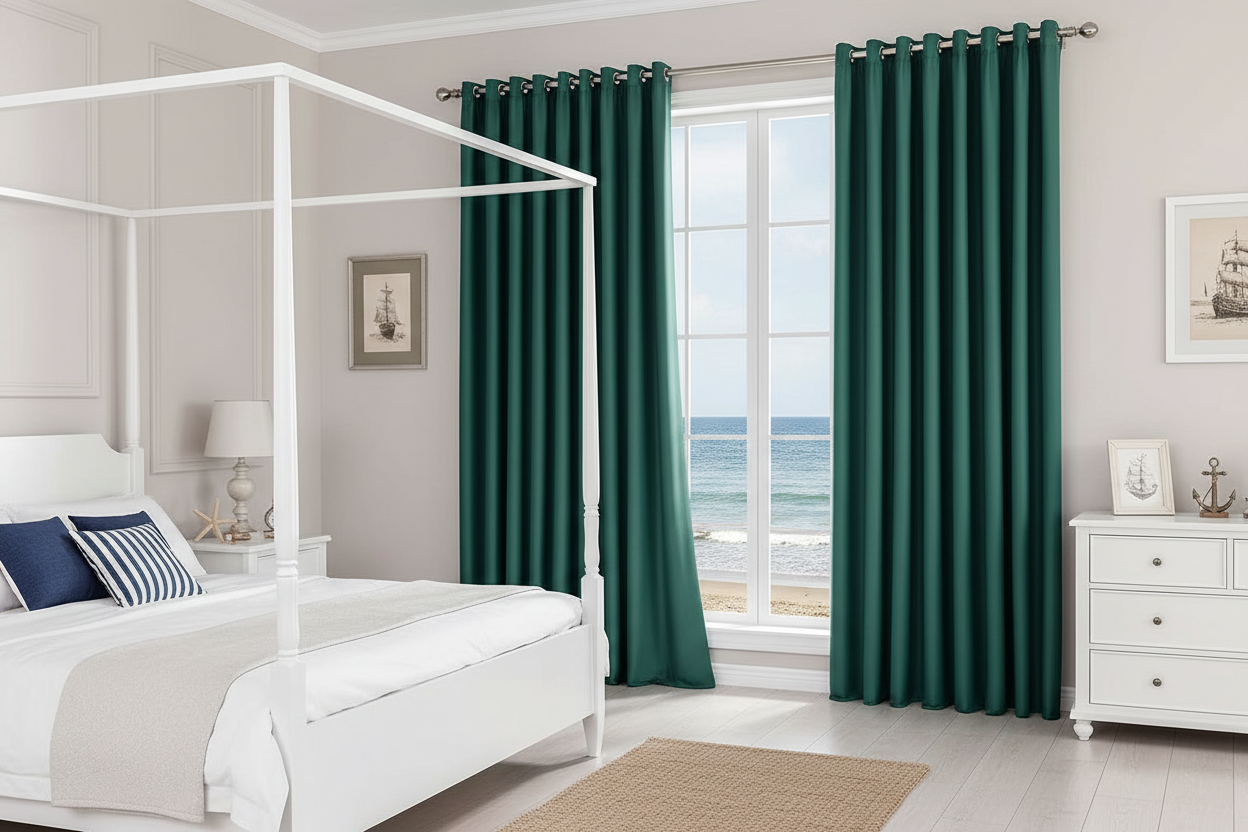 Chambre côtière élégante avec rideaux EMERESCO et anneaux