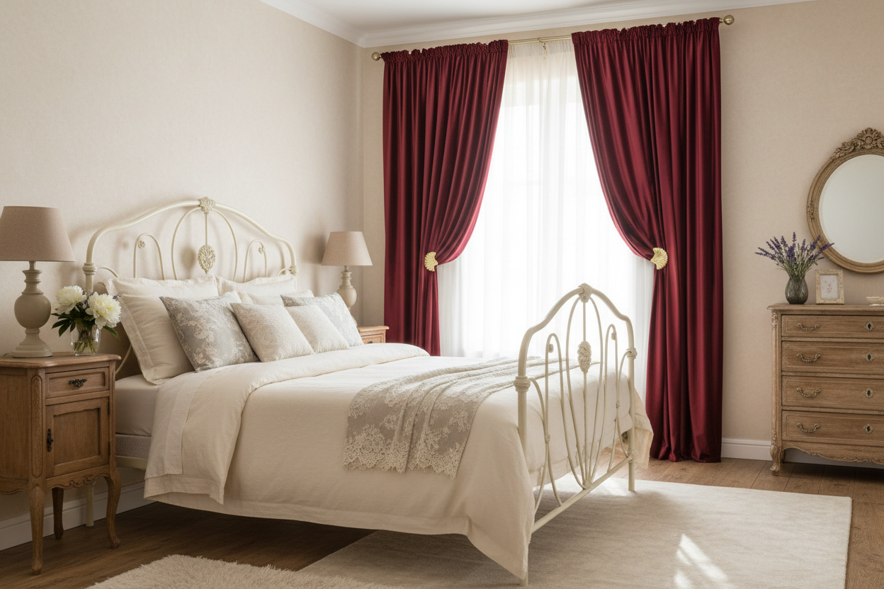 Chambre campagne française avec rideau bordeaux velours
