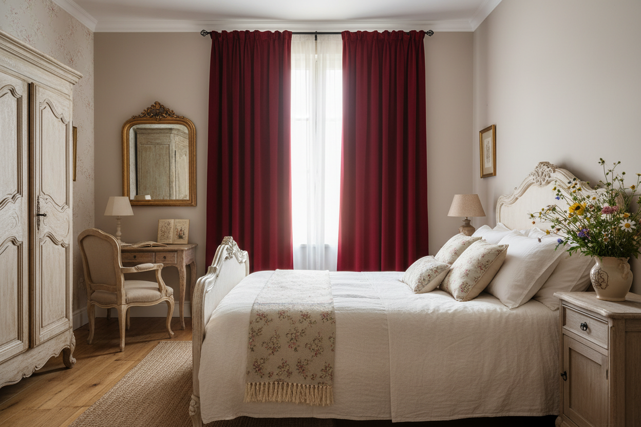 Chambre campagne française avec rideau bordeaux velours