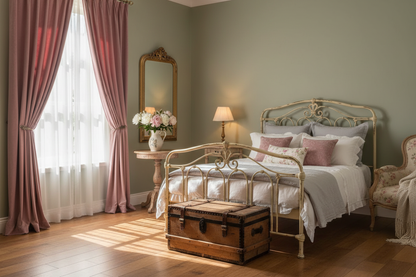 Chambre campagne française avec rideau rose velours