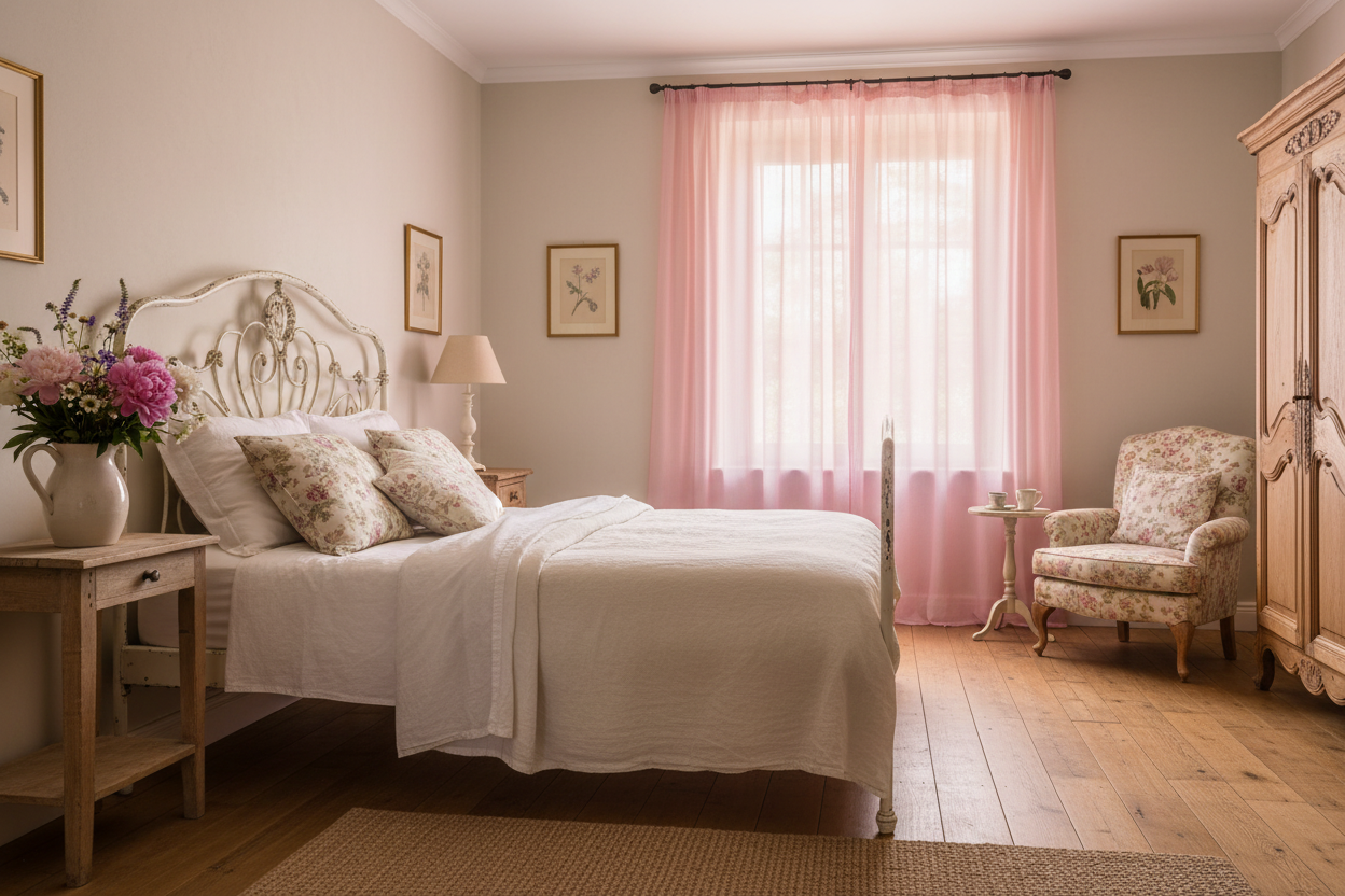 Chambre campagne française avec rideau rose voilage