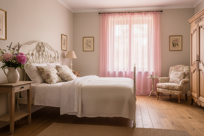 Chambre campagne française avec rideau rose voilage