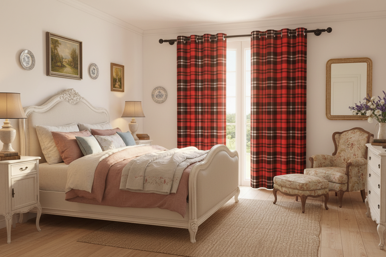 Chambre campagne française avec rideau rouge à carreaux jaunes