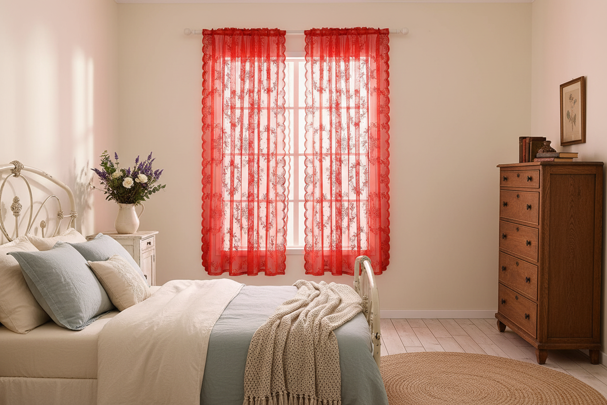 Chambre campagne française avec rideau rouge voilage